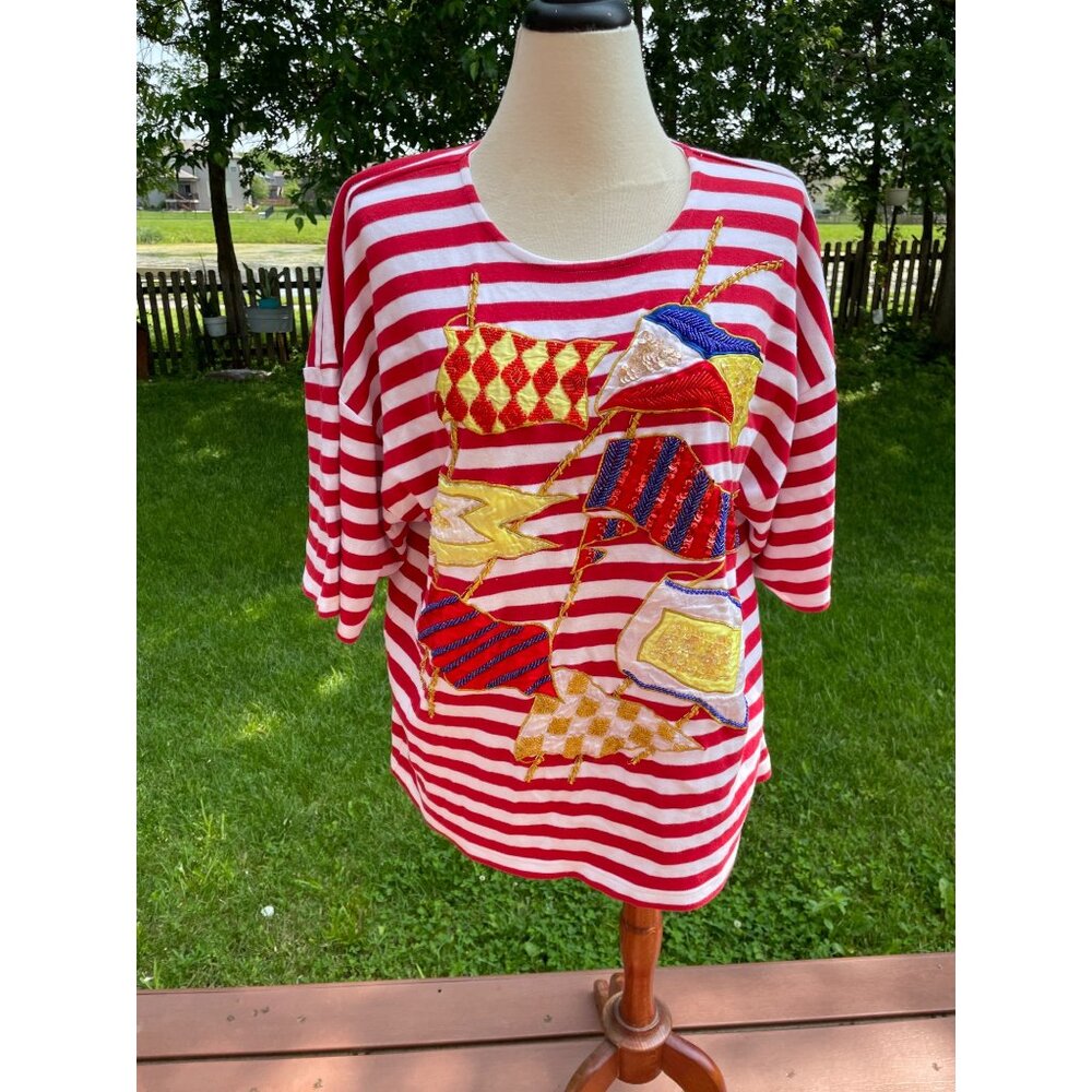 Vintage NUR Red & White Striped Cotton Top With Nautical Appliqué